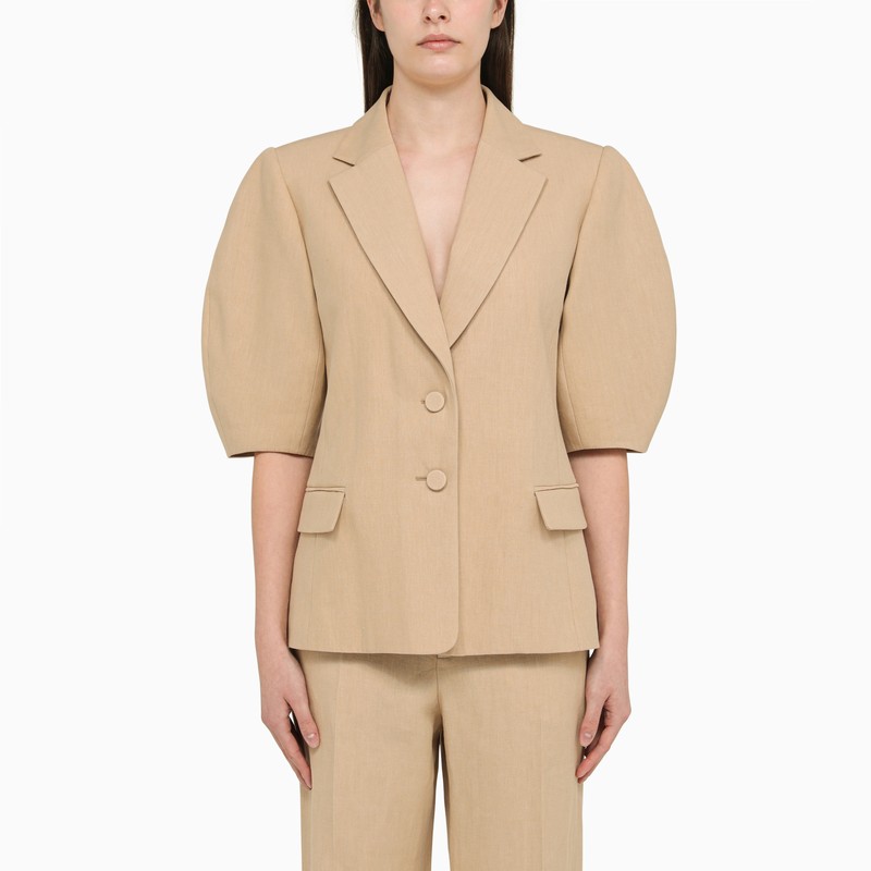 Beige linen jacket with balloon sleeve