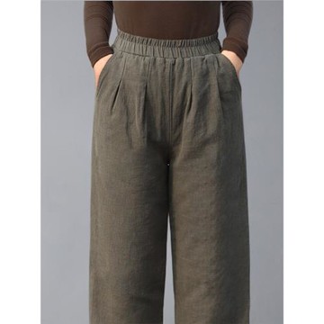 冬新款加厚夾棉保暖棉褲亞麻松緊腰高腰長褲大碼直筒褲燈籠褲女綠