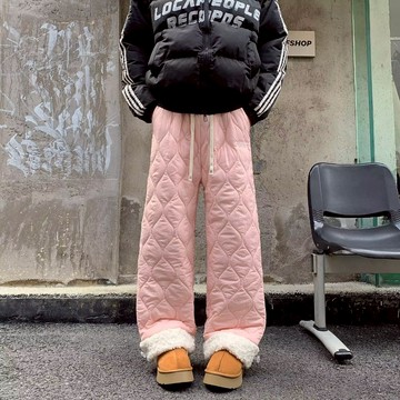 羔羊絨棉褲菱格紋休閒運動褲男 秋冬加厚高腰寬褲寬鬆直筒拖地褲男