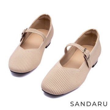 山打努SANDARU-瑪莉珍 方頭直紋編織低跟瑪莉珍鞋-杏