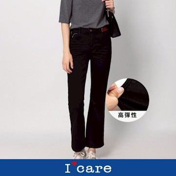 現貨【I care 依卡】皮革patch鉚釘黑色牛仔褲（M-L）｜女休閒長褲 高彈性牛仔褲