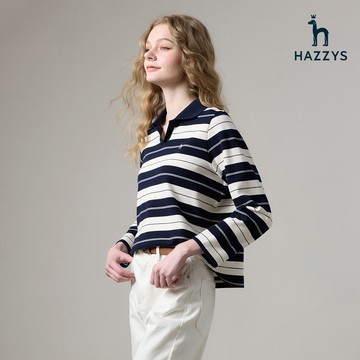 【HAZZYS】女款深藍色柔軟舒適棉質時尚長袖條紋POLO衫 YBWEC110