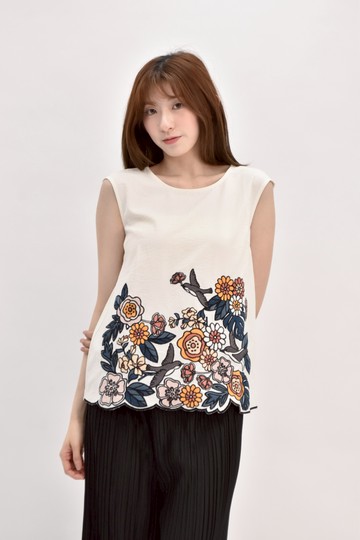 (S) ouwey無袖刺繡花紋白色上衣