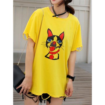 2025年夏季圓領洋氣網紅短袖T恤女夏破洞重工遮肉顯瘦ins超火小眾