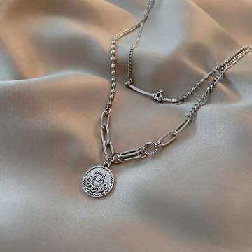 鈦鋼雙層鏈條圓牌項鏈女小眾設計感潮嘻哈毛衣鏈長款2022年新款