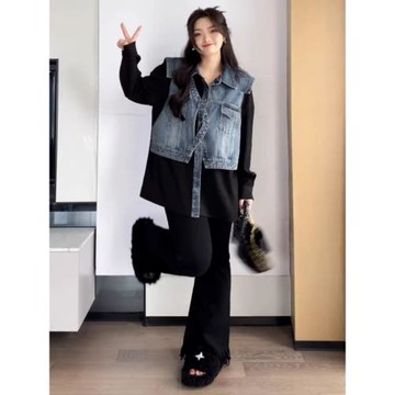 大碼女裝韓系拼接牛仔外套春秋新款胖mm遮肚顯瘦寬松拼接外套上衣