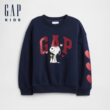 【GAP】女幼童裝|Gap x Snoopy史努比聯名 Logo印花圓領大學T-海軍藍(837966)