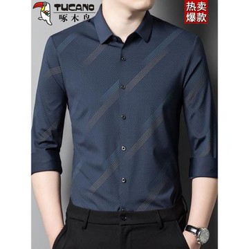 啄木鳥高檔男士長袖襯衫春秋季新款無痕抗皺商務休閑體恤潮流襯衣