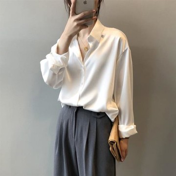 春季醋酸緞面襯衫女裝高級感內搭洋氣垂感疊穿職場輕熟風白色襯衣