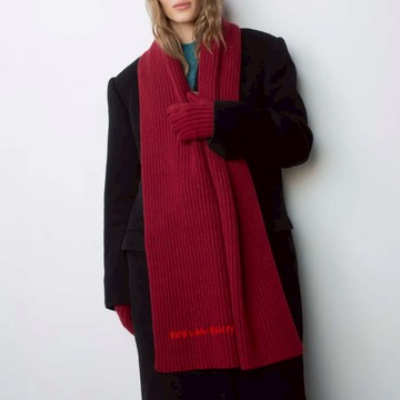 Ruslan Baginskiy 配色刺繡字羊毛圍巾/深酒紅