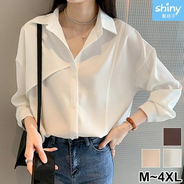 【V3433】shiny藍格子-輕熟搭配．純色翻領寬鬆顯瘦長袖襯衫