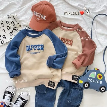 🌈✨mix1001立體感 疊影字母印大口袋拼袖上衣✨兒童寬版1427標籤上衣5-17