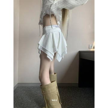 【2026夏季新款】白色不對稱層疊裙襬 美式辣妹鬆緊腰短裙 半身裙 辣妹短裙 不對稱裙 層疊裙 白色短裙 夏季短裙