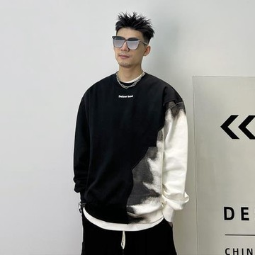 杠叔加絨衛衣男秋冬季漸變拼接美式潮牌設計感潮流休閑寬松圓領潮