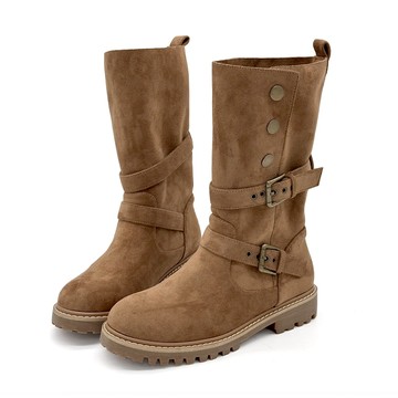 中筒靴 厚底靴 沙丘旅人2WAY西部雙飾扣厚底顯瘦中筒靴ROBINLO (KAIYA 奶霧可可)