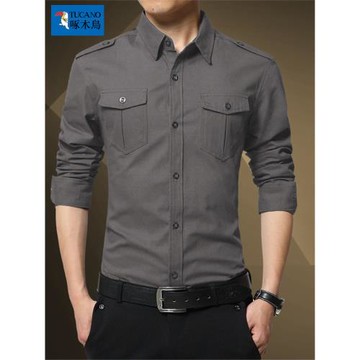 啄木鳥秋款軍旅風襯衫男士襯衫工裝純棉戶外修身肩章長袖襯衣男裝