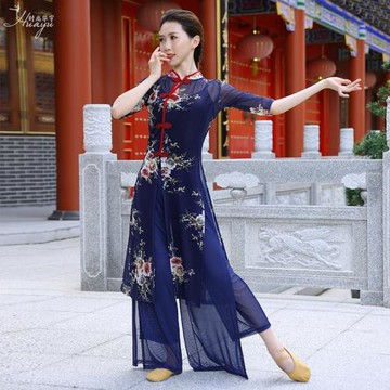 古典舞蹈服裝印花立領旗袍分叉身韻飄逸練功服中國風民族舞蹈服女