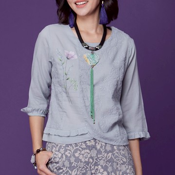 古典美 手繪刺繡荷葉上衣【58043】棉麻/亞麻/中國風/漢服/茶禪服