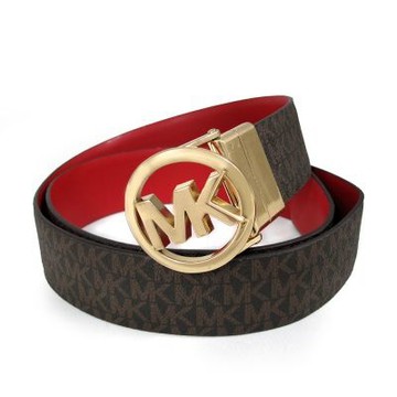 MICHAEL KORS 鏤空大圓標Logo滿版MK搭配皮革35mm雙面翻轉皮帶(咖紅雙色)