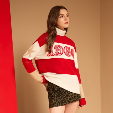 SO NICE 節慶紅撞色條紋落肩羊毛混紡針織上衣