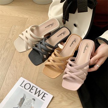 Taroko 韓風編織鏤空方頭粗跟涼拖鞋(4色可選)