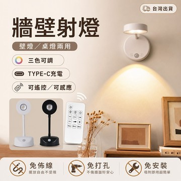 台灣現貨🌞 牆壁射燈 射燈 LED燈 充電壁燈 智能人體感應燈 遙控照畫燈 TYPE-C充電 免佈線 三色調光 帶遙控