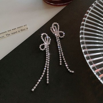 韓國高級感長款蝴蝶結耳環網紅超閃流蘇水鉆夸張耳釘氣質耳飾女