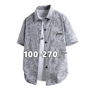 加肥加大碼冰絲短袖襯衫男夏季潮流胖子薄款滿印襯衣寬松休閑外套