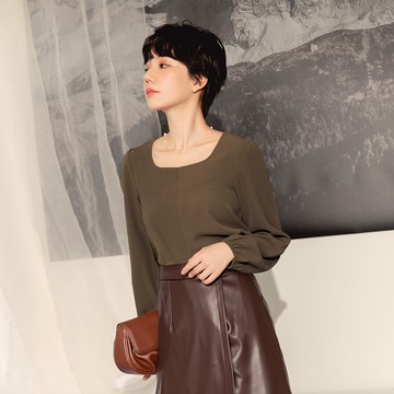 OB嚴選 不易皺方領側綁帶不對稱收腰長袖上衣 《AB16660》大尺碼/女裝/現貨