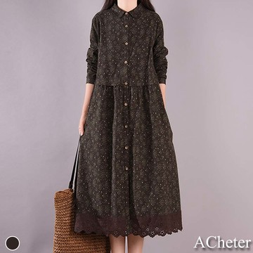 【ACheter】復古田園風碎花休閒拼接顯瘦棉麻洋裝# 111680(現貨+預購)