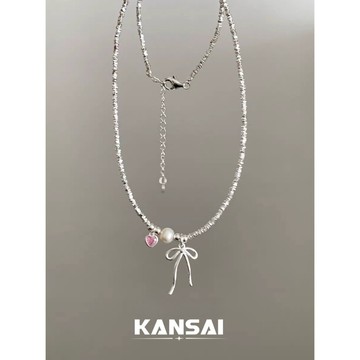 KANSAI 芭蕾風 蝴蝶結粉鑽碎銀子項鍊 2024 新款 小眾 鎖骨頸鍊