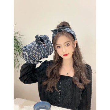可愛牛仔發夾發箍女蝴蝶結打結格子寬邊發捆百搭減齡藍色壓發頭窟
