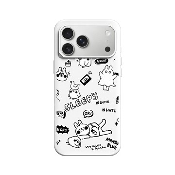 iPhone 17 Pro Max SolidX 白 - 懶散兔與啾先生 Lazy Rabbit and Mr.Chu - 黑白塗鴉