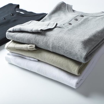 硬漢風！美式休閑亨利領外貿男士復古簡約寬松純棉長袖T恤打底衫