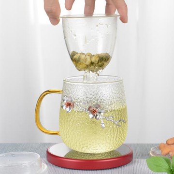 錘紋梅花玻璃杯耐高溫泡茶杯女水杯帶把手家用高硼硅耐熱帶蓋杯子