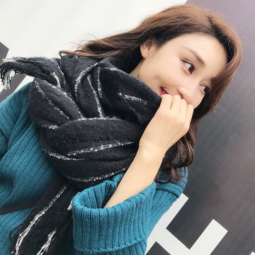 現貨-韓版秋冬仿羊絨條紋女士圍巾大流蘇加厚長款保暖學生圍脖