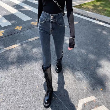 秋季高腰牛仔褲女年新款春秋顯瘦緊身高街ins九分小腳褲子潮