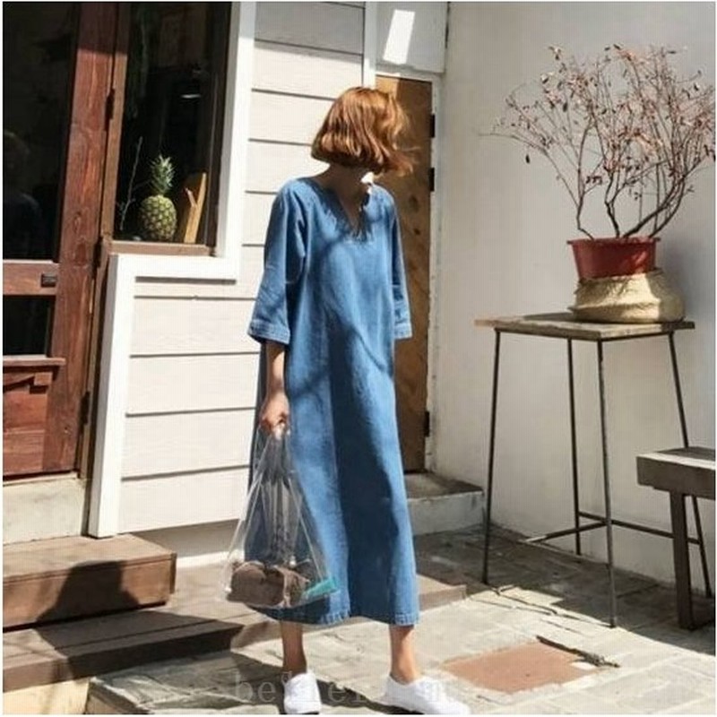 デニムワンピースワンピロングレディース秋冬秋冬コーデ40代5分袖30代ジーンズカジュアルvネック大きいサイズゆったりきれいめ体型カバー母親 通販 Lineポイント最大get Lineショッピング