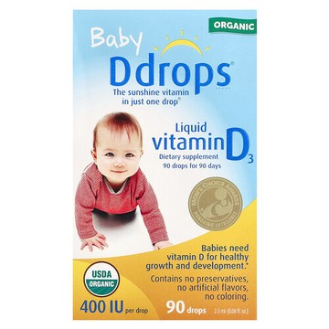 Ddrops, 嬰兒，有機液體維生素 D3，10 微克（400 國際單位），90 滴，0.08 液量盎司（2.5 毫升）