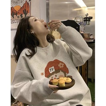 正肩加絨衛衣女春秋設計感小眾灰色高級感超好看圓領上衣 女裝上衣 衛衣 秋冬上衣 大學t 女裝衛衣