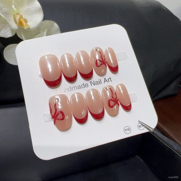 ➕最新設計款穿戴甲💅【草莓紅法式】草莓硬糖法式優雅少女心飄帶立體蝴蝶結手繪穿戴甲短橢圓穿戴甲 78G3