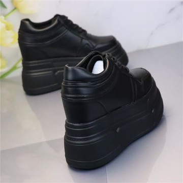 全黑超高跟12cm休閑女鞋2023秋冬新款圓頭厚底松糕跟內增高加絨鞋