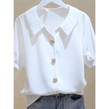 品牌折扣女裝剪標專柜撤柜外貿夏季V領雪紡白襯衫女短袖寬松上衣