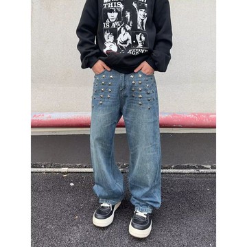 美式復古藍鉚釘牛仔褲男秋冬新款寬鬆顯瘦高街寬褲男