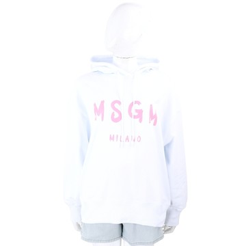 MSGM 粉字母羅紋拼白色棉質連帽長袖運動衫 大學T(女款)