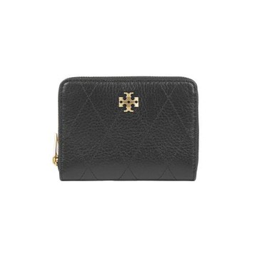TORY BURCH Charlie 金釦粒紋皮革ㄇ形拉鍊零錢包/卡包(黑色)