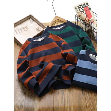 兒童春秋季圓領衛衣2023新款男童百搭寬松套頭衫中大童條紋潮上衣