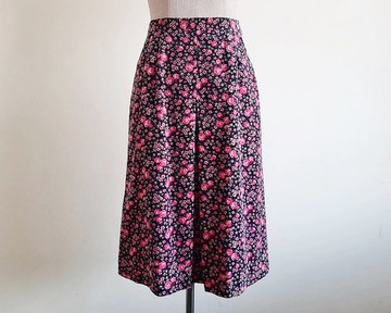 復古黑粉碎花圖案 絲絨 A字 膝上裙 女款 XS 腰圍 24.5 英吋