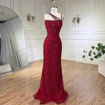 【女神婚紗禮服】奢華一字斜邊鑲鑽細肩帶美背小魚尾晚禮服LA72340熱情紅