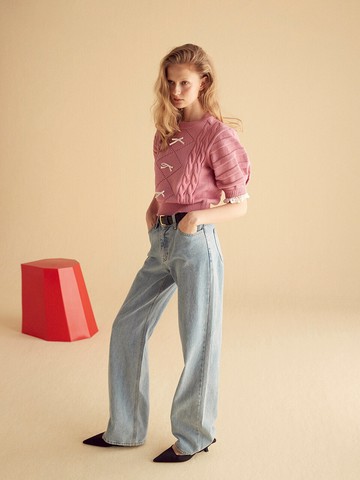 Ribbon Puff Sleeve Knit Top_Pink